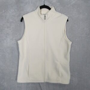 LL Bean Womens Fleece Vest Cream Size Large Zip Front Pockets Outdoor Casual